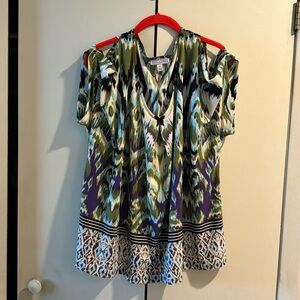 Beautiful multicolor blouse, green purple black cold shoulder